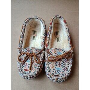 MINNETONKA SLIPPERS Moccasins FUR LINED Aztec Tapestry Padded Sz 7